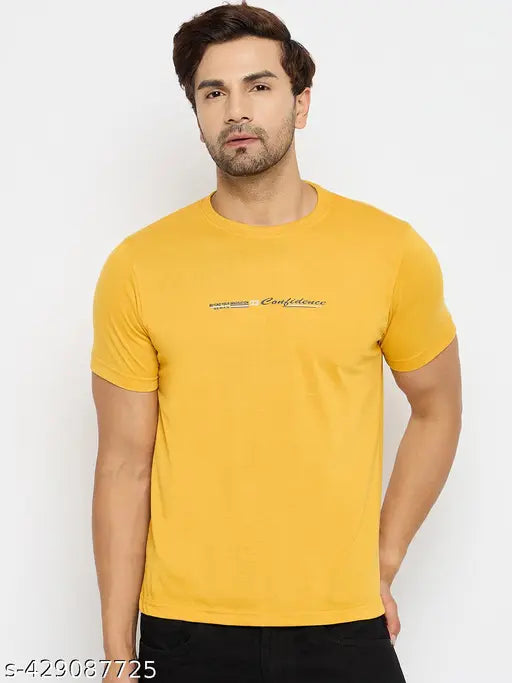 Mustard cotton-blend men's casual wear t-shirt, short sleeves, solid pattern, XXL size (44in chest, 30in length)