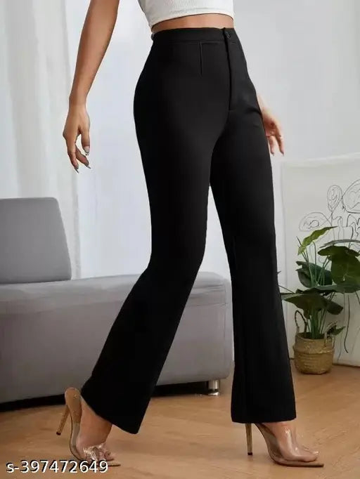 High-waisted wide-leg pants with bell bottoms, black trousers with zipper