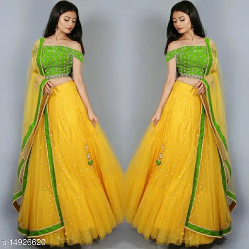 Winter Collection Embroidered Net Semi-Stitched Lehenga Choli & Dupatta set in satin and lace, Indian traditional attire
