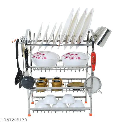 Stainless steel wall mount kitchen utensils rack with dish rack, plate rack, cutlery stand, and additional shelf for storage