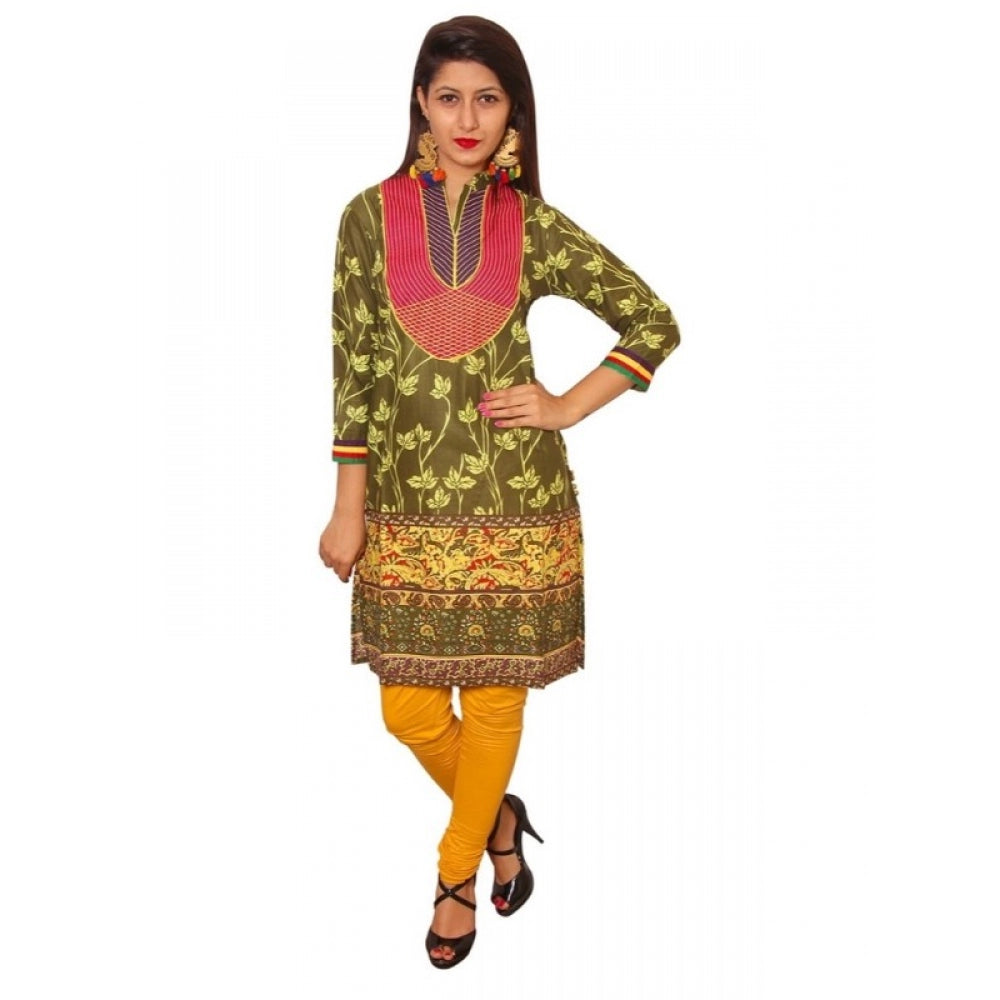 Green cotton XL kurti with v-neck and 3/4 sleeves, breathable and comfortable for women's fashion