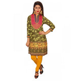 Green cotton XL kurti with v-neck and 3/4 sleeves, breathable and comfortable for women's fashion