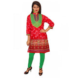 Red cotton kurti for women, size M, 3/4 sleeve, mandarin collar