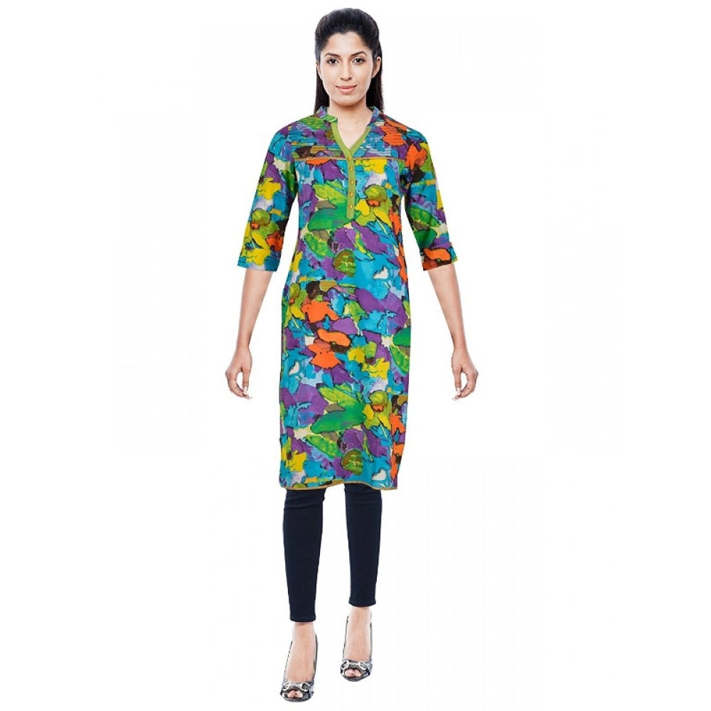 Blue cotton mix sleeveless kurti for women, standing collar style