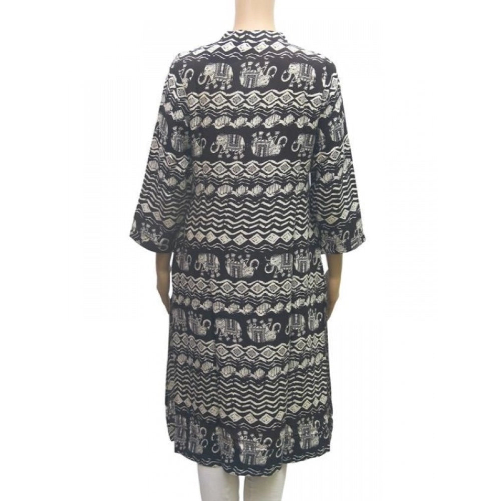 Black and white women's cotton kurtis with mandarin collar and 3/4 sleeves, breathable fabric for stylish comfort