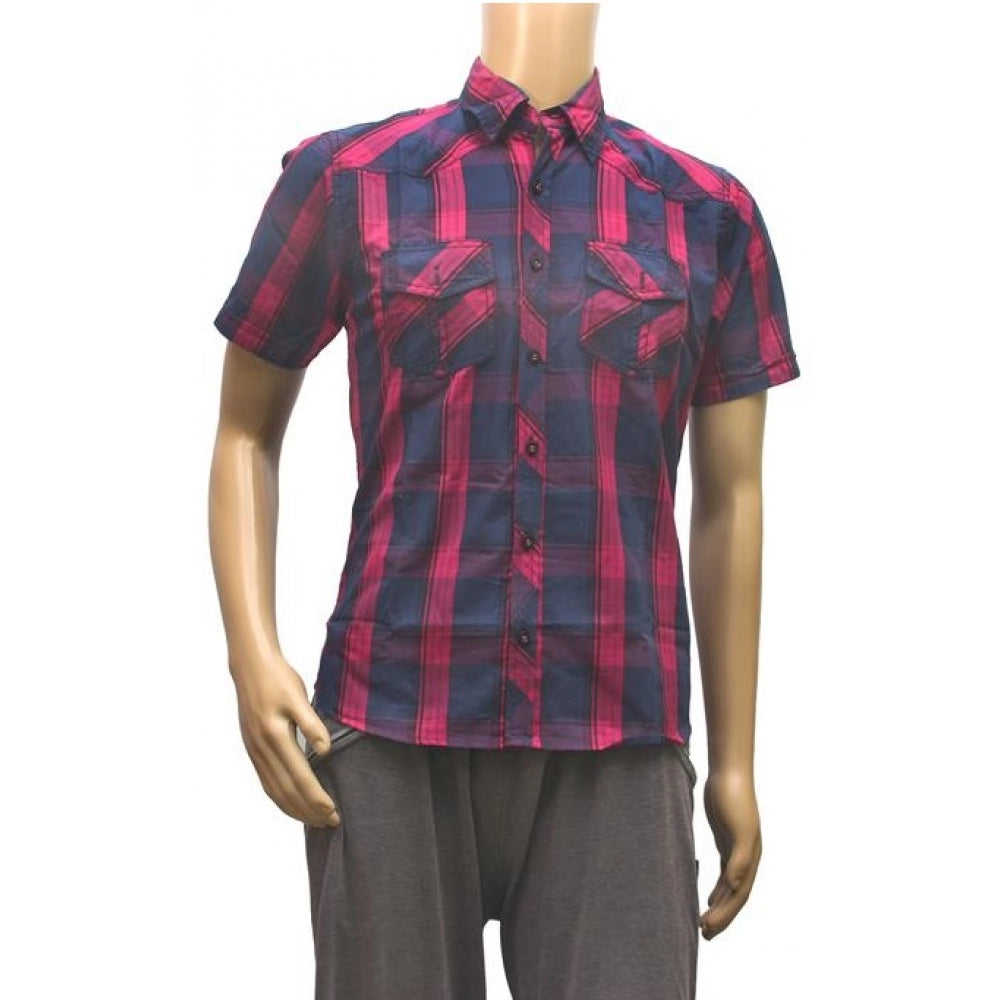 Blue cotton casual men's shirt, half sleeve, regular neck, purple option also available