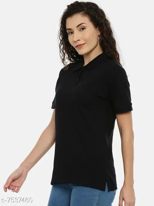 Cotton women's collared T-shirt, elegant solid design in size S, made by Cottsberry, India