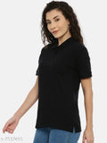 Cotton women's collared T-shirt, elegant solid design in size S, made by Cottsberry, India