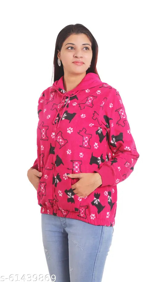 Women's polyester puppy print hooded winter jacket, full closure with zipper, suitable for winter occasions. Mix of western, formal, and casual wear