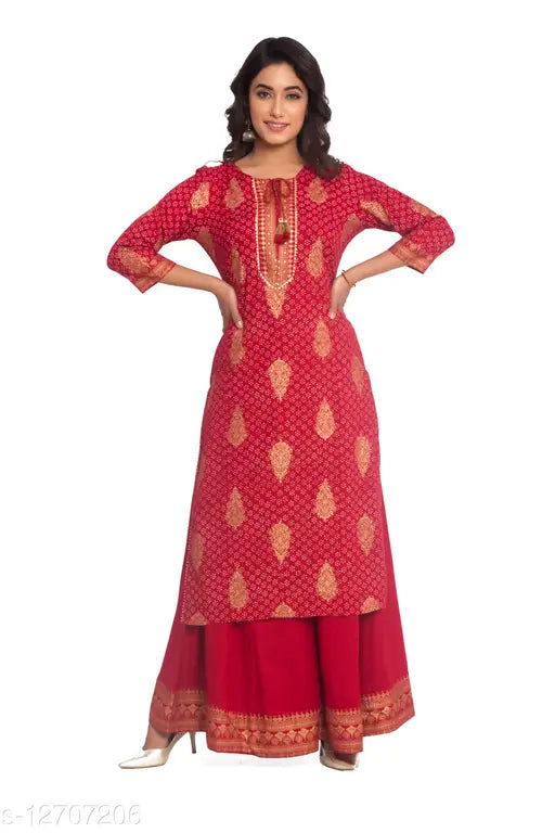 Women's printed festive rayon slub kurta set with sharara palazzos, three-quarter sleeves, India origin