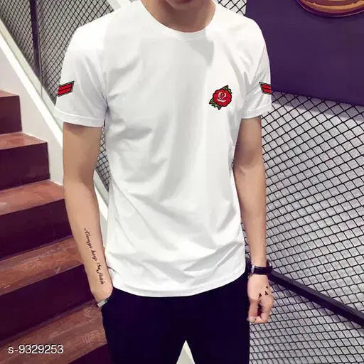 Trendy white cotton rose patch t-shirt, short sleeves, printed net design, size S-XXL. Fashionable casual wear on model