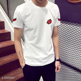 Trendy white cotton rose patch t-shirt, short sleeves, printed net design, size S-XXL. Fashionable casual wear on model
