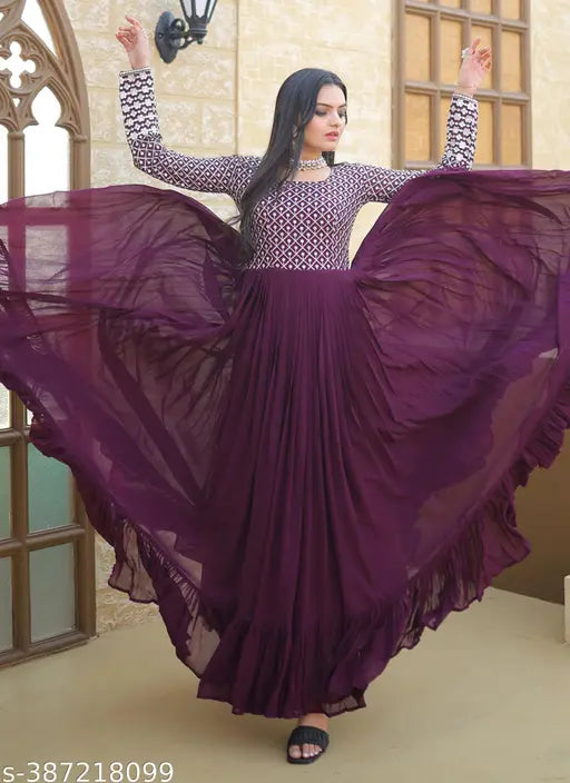 Purple Georgette Fancy Kurti with Sequin Work, Indian designer gown for parties or weddings