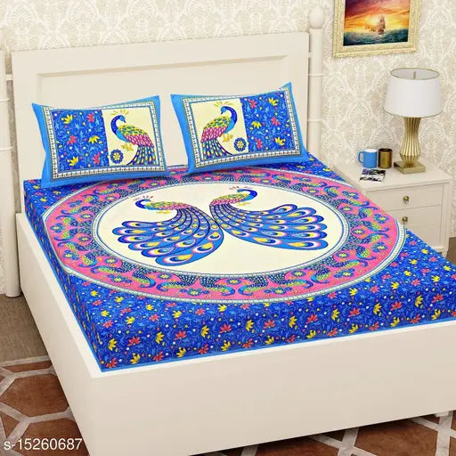 Blue Peacock Cotton Double Bedsheet Combo with Pink Floral Design