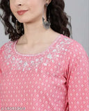 Peach silver embroidery rayon kurti with three-quarter sleeves, printed combo design for women, Indian fashion wear on mannequin