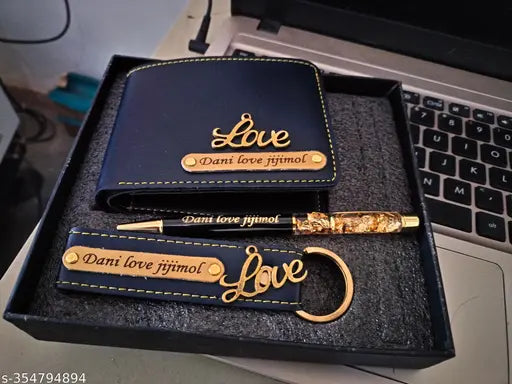 Canvas and leather wallet-keychain-pen combo with personalized name, printed net design, 2 compartments, free size (10cm x 12cm), India origin