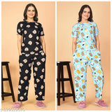 Women's printed polycotton pyjama set (pack-2), featuring short-sleeve t-shirt and pants, available in sizes S to XXL