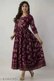 Wine rayon anarkali gown with three-quarter sleeves, printed combo - women's size S-XXXL