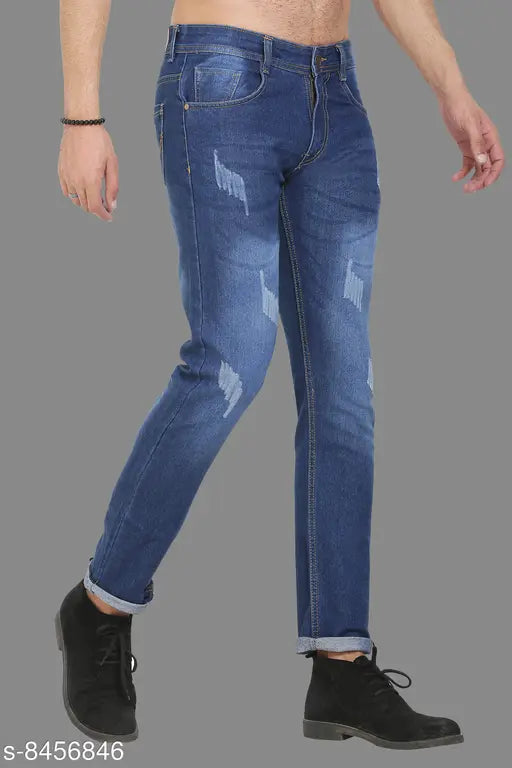 Men's polycotton damaged blue jeans, size 32 (waist 32in, length 42in, hip 38in), solid pattern. Vintage distressed denim for casual wear