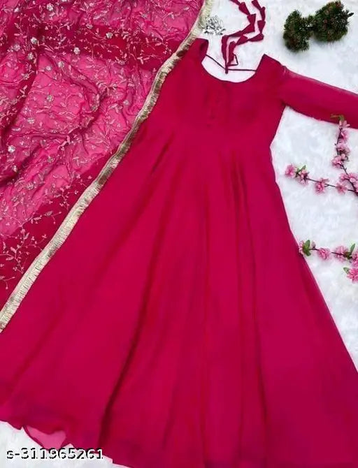 Pure fox Georgette dupatta full set with pent, heavy embroidery and jari work on soft Georgette gown with long sleeves" (125 characters)