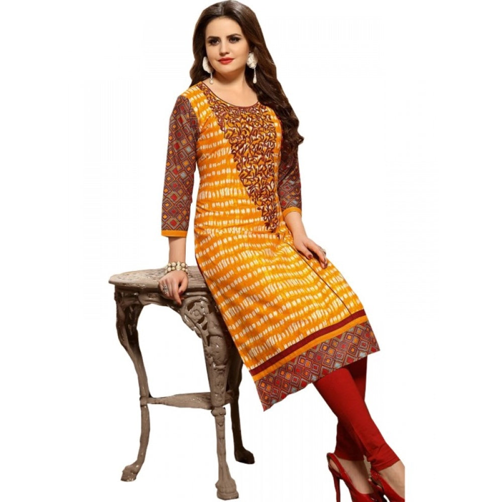 Orange cotton women's kurti with multi prints, 3/4th sleeve & mandarin collar (XL)