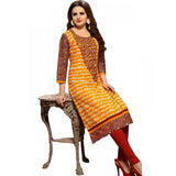 Orange cotton women's kurti with multi prints, 3/4th sleeve & mandarin collar (XL)