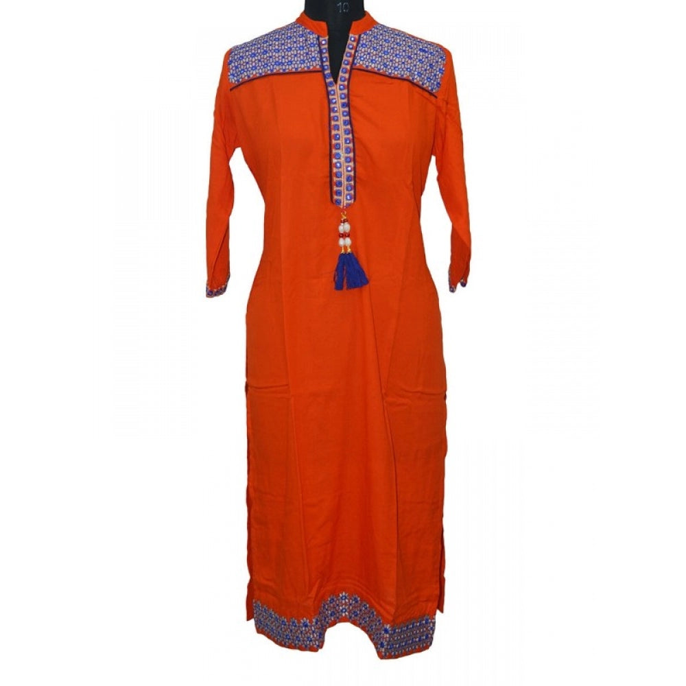 Orange rayon kurtis XXL, breathable linen and cotton mix women's apparel with mandarin collar and 3/4 sleeve