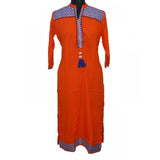 Orange rayon kurtis XXL, breathable linen and cotton mix women's apparel with mandarin collar and 3/4 sleeve