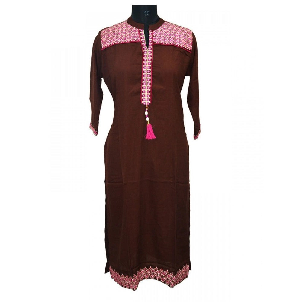 Brown rayon XL kurti, women's cotton ethnic wear with 3/4 sleeves, designer neckline