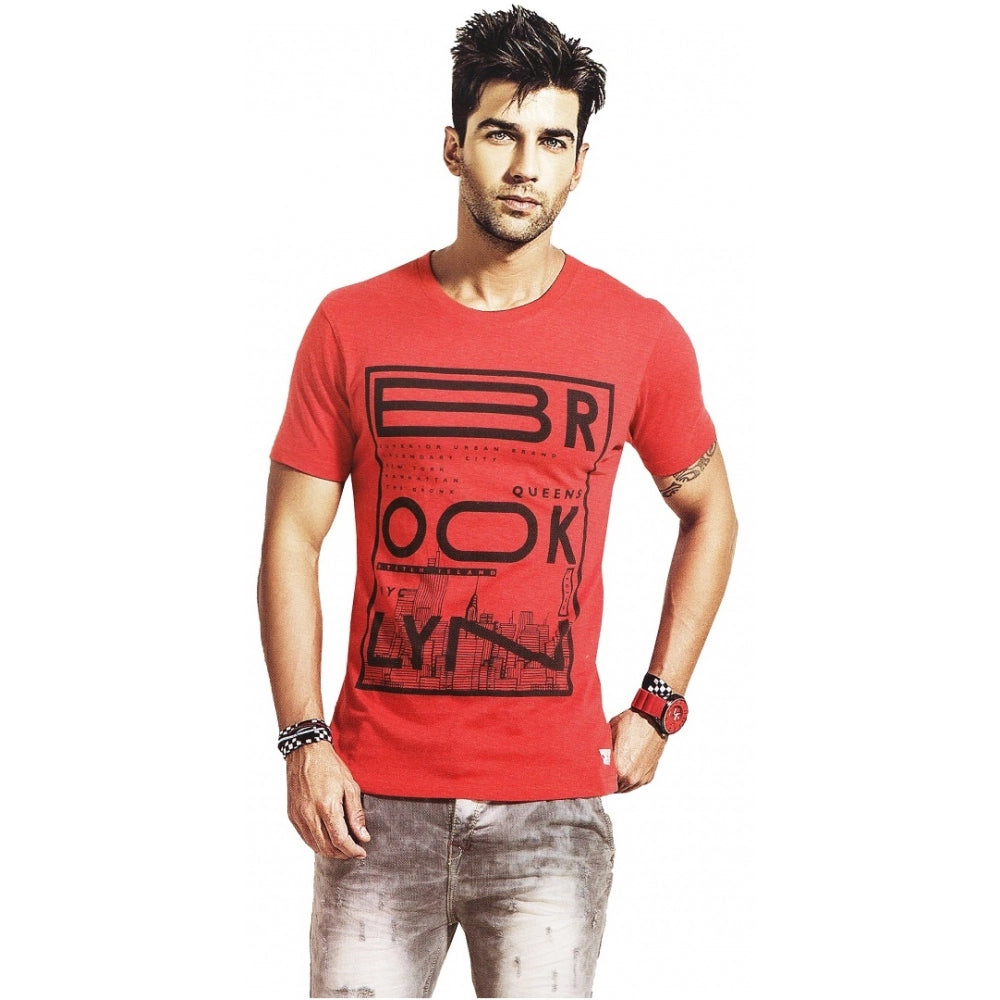 Red hosiery printed men's t-shirt (S), half sleeve round neck design for men's fashion