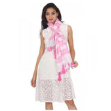 Pink and off-white viscose straight duppata with blue lurex border fringes for women's traditional wear