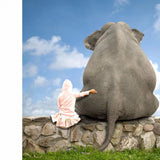 3D Layout Mobile Case Cover: Gray elephant case, girl, stone wall, blue sky.