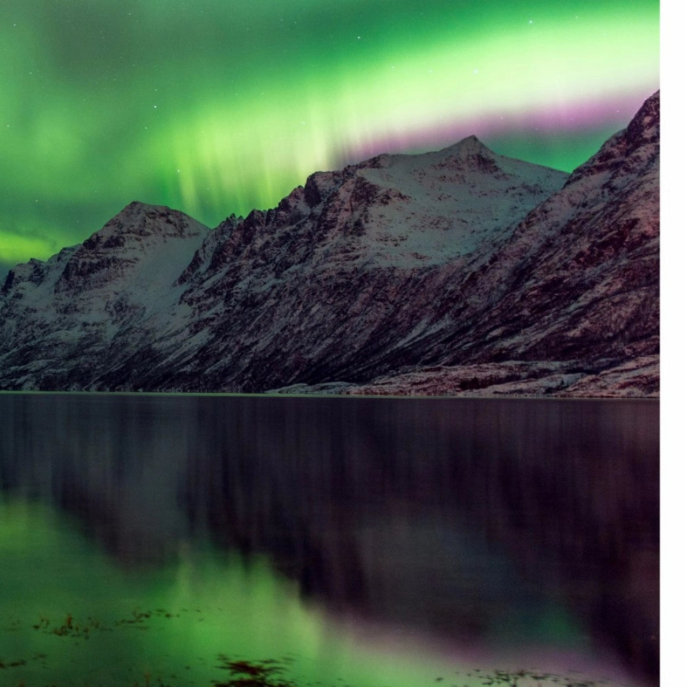 Green aurora mobile case cover with mountains, reflective ocean material.