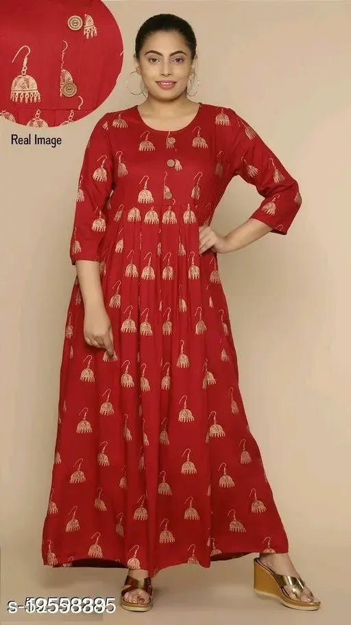 Maroon rayon printed kurti with three-quarter sleeves, gold accents, Indian traditional jhumka gown style