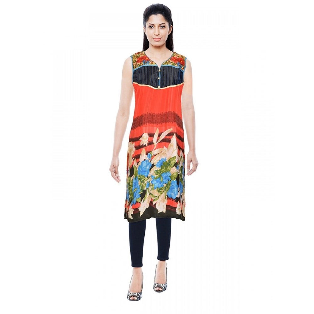 Orange synthetic women's kurti (size L), sleeveless with round neck, breathable material for fashionable summer wear