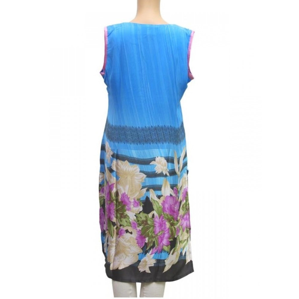 Blue synthetic kurtis for women, size M with a mandarin collar and 3/4 sleeves, multi-color design