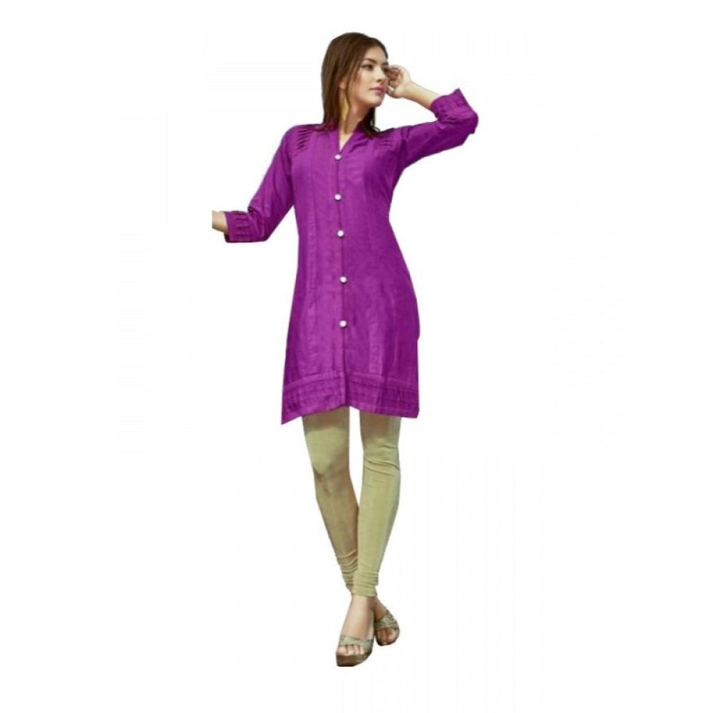 Violet cotton kurti for women with mandarin collar and 3/4 sleeves (Size L, Length 36 inches)