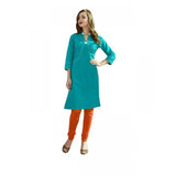 Blue cotton kurti, breathable 42-inch length with mandarin collar and 3/4 sleeves