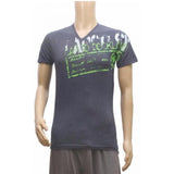 Greyish blue hosiery mix printed men's t-shirt (V neck, half sleeve), vibrant pattern on fashionable apparel