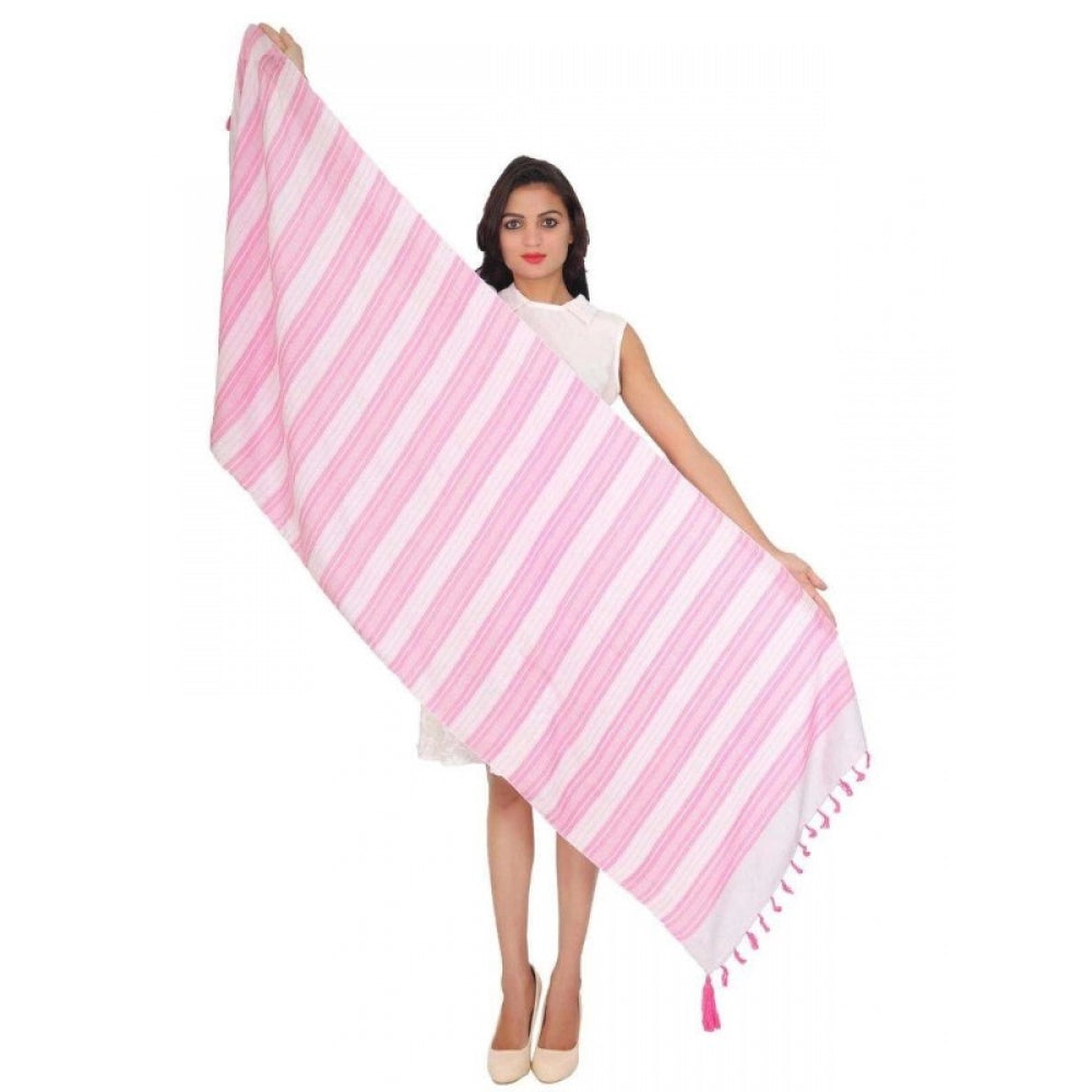 Pink and off-white women's viscose straight duppatta with blue Lurex border fringes, ideal for traditional Indian attire