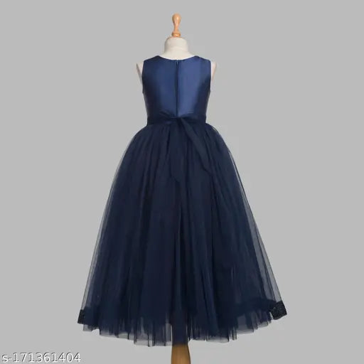 Navy blue embellished net party dress for kids, full length, sleeveless, toy balloon design, India origin