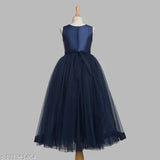 Navy blue embellished net party dress for kids, full length, sleeveless, toy balloon design, India origin