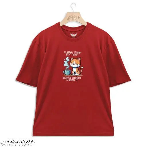 Oversized cat graphic printed on maroon T-shirt