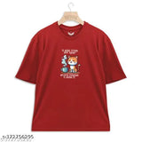 Oversized cat graphic printed on maroon T-shirt