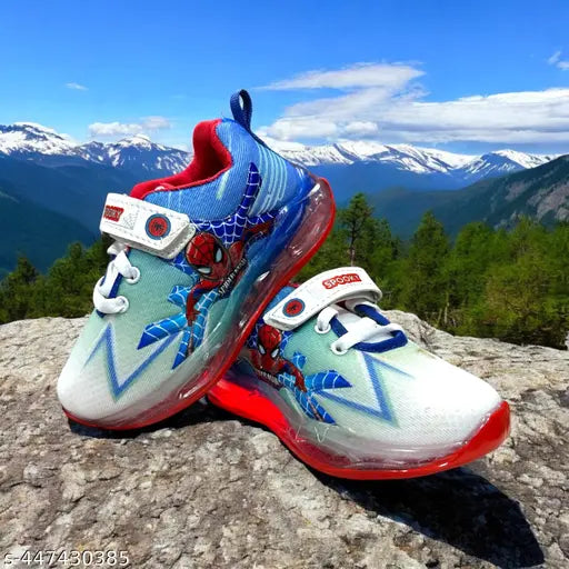 A pair of casual kids shoes with vibrant colors and blue, white, and red design details