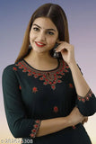Dark green rayon embroidered kurta with three-quarter sleeves, perfect for Indian traditional wear