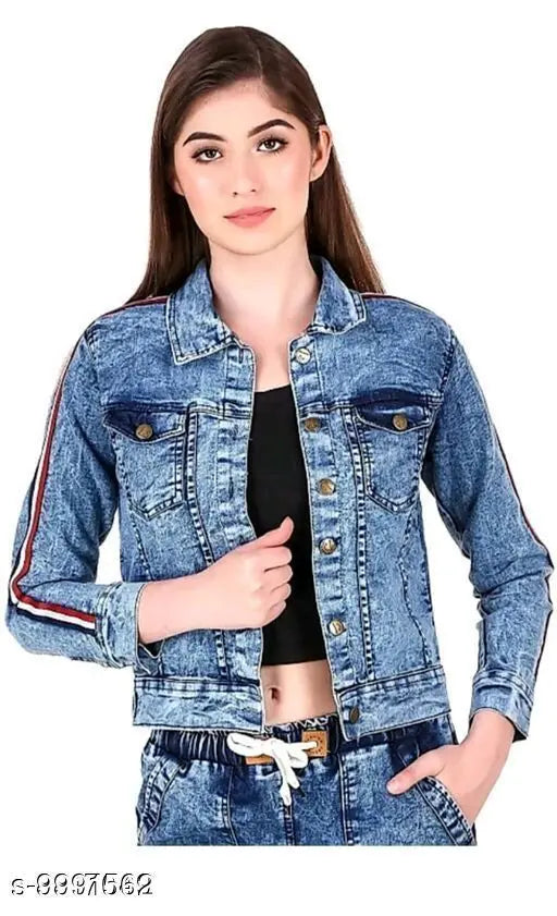 Stylish denim tiranga patti jacket, solid net three-quarter sleeves, Indian made women's jacket