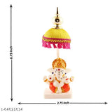 Marble & Polyresin Mukut Ganesh Idol with Fabric Chatri Stand - Decor for car, office, study, or home; divine symbol of good fortune and success