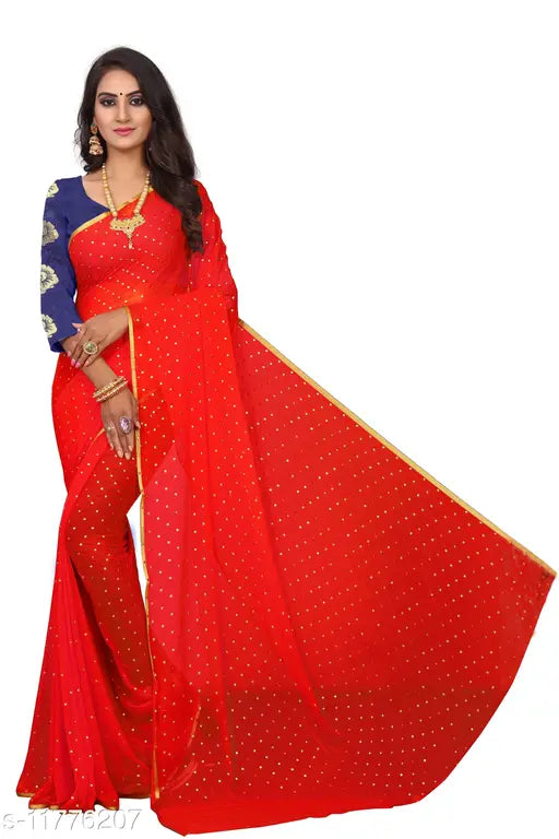 Redfish embellished chiffon saree, single piece in free size, intricate woven design on jacquard blouse