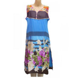 Blue synthetic kurtis, M size, 3/4 sleeves, mandarin collar, multi-color pattern for women's fashion
